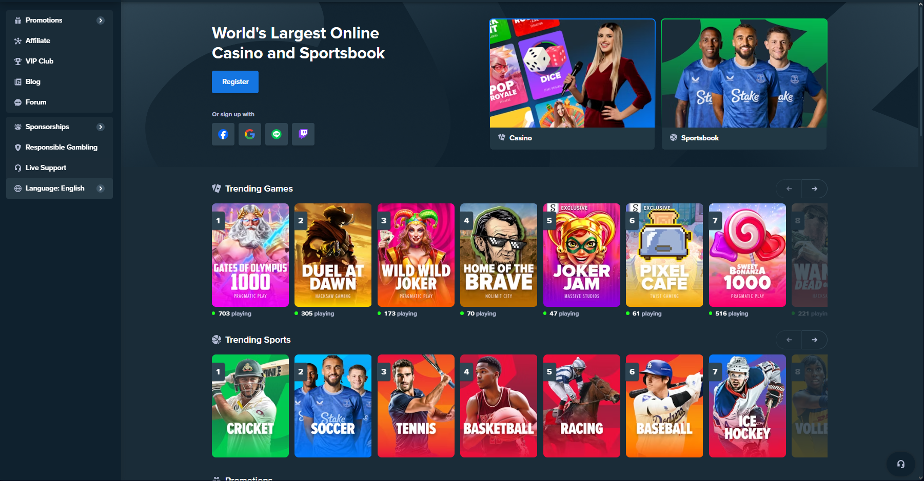 Stake Casino főoldal - izgalmas játékok és sportfogadások