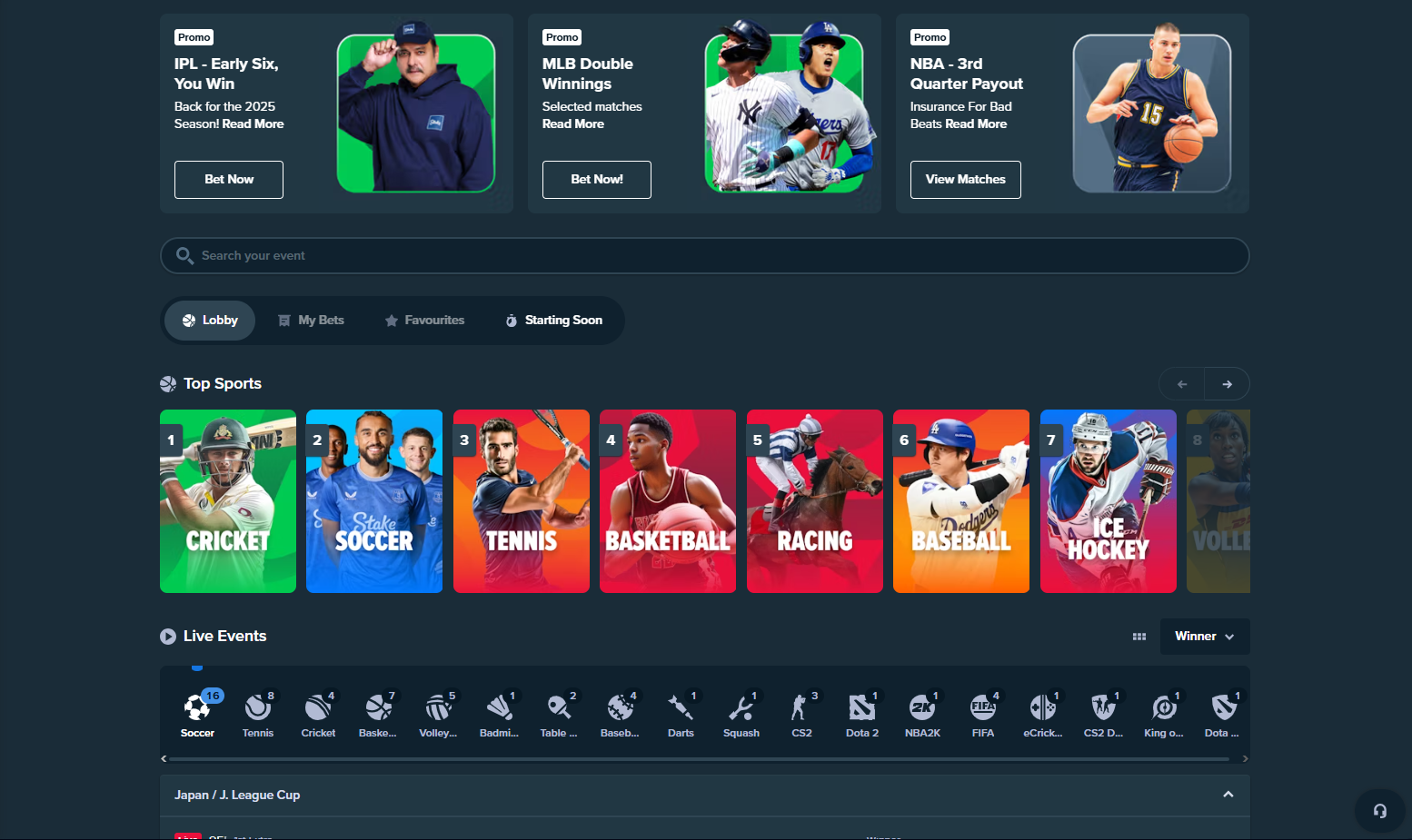 Stake Casino sportfogadási oldal - élő fogadások és szorzók